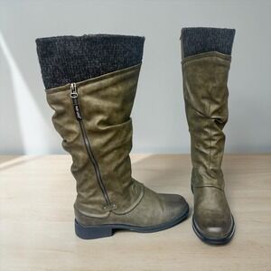 MUK LUKS Women's Mid Calf Boots Olive Green Knit Cuff Side Zip Slouch Boot